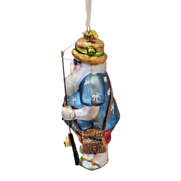 Vacation Hippie Flip Flop Fishing Rod Tiki Santa Claus 5" Blown Glass Ornament - Picture 9 of 12